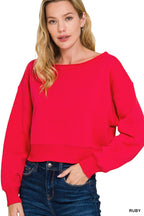 Ruby cropped fleece sweatshirt with boat neckline, long sleeves, and ribbed cuffs