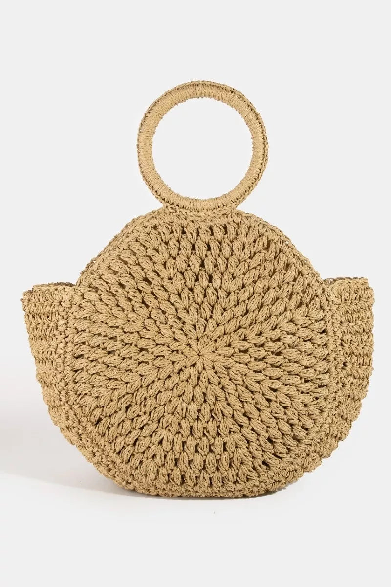 Boho straw braided tote bag with round top handle, tan, medium size