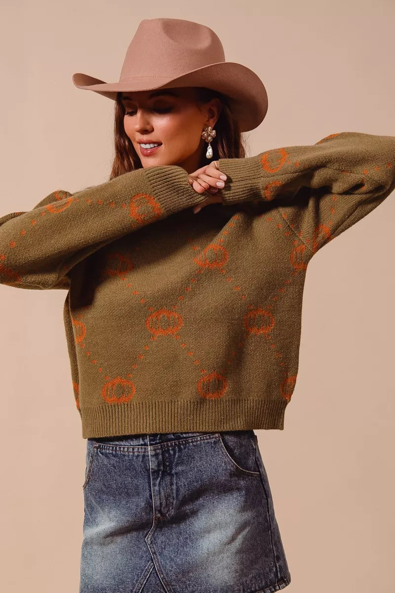 Pumpkin Rhombus Halloween Thanksgiving Sweater Top – Festive Cozy Knit