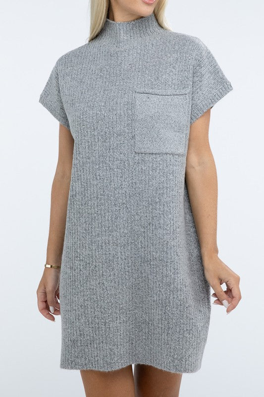 Zenana Mock Neck Short Sleeve Sweater Dress with Pocket