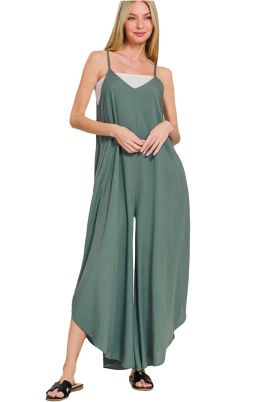 Zenana Sleeveless Curved Hem Wide Leg Overalls with Pockets