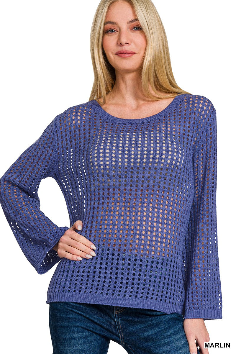 Marlin blue open-knit long sleeve sweater with round neckline and relaxed fit