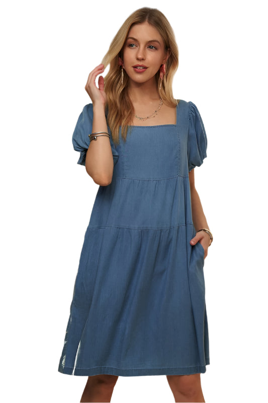 ADORA Square Neck Puff Sleeve Denim Dress