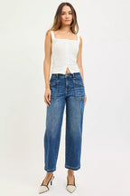 Women’s dark wash cropped jeans with patch pockets and relaxed straight fit