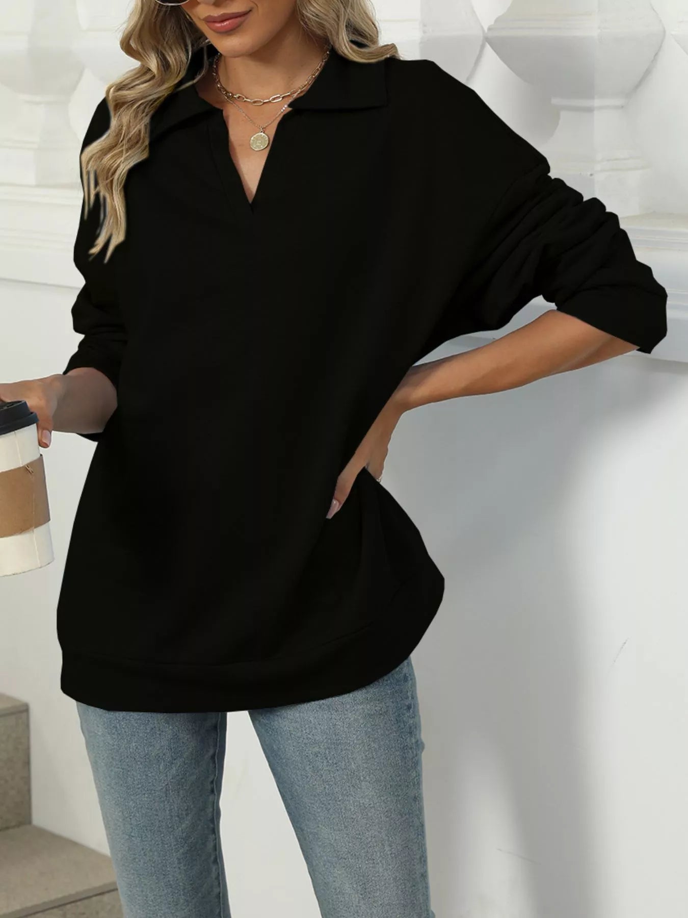 Johnny Collar Long Sleeve Sweatshirt – Casual Chic & Cozy