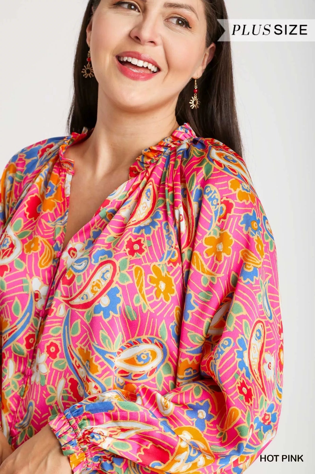 Satin Paisley Shirt – Vibrant Boho Ruffle Neck Blouse
