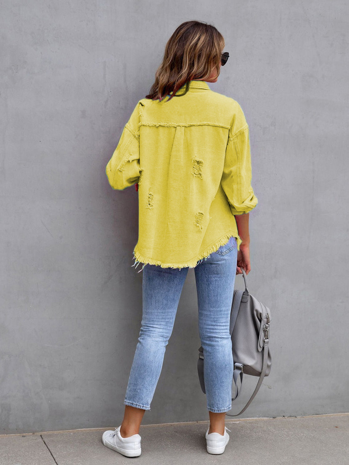 Distressed Drop Shoulder Denim Jacket – Casual Oversized Style