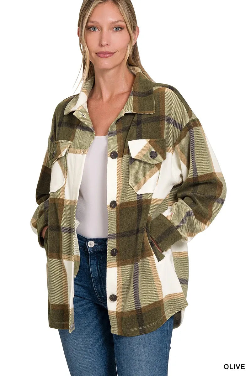 Olive Green Plaid Flannel Jacket Soft Relaxed Fit Button-Up Layer