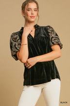 Velvet Embroidered Sleeve Blouse Luxe Ruched Top with Elegant Detailing