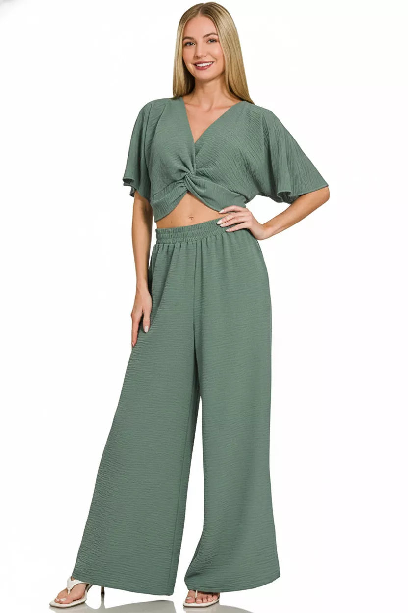 Woven twisted top and wide-leg pants set with wide trousers, ash jade green.
