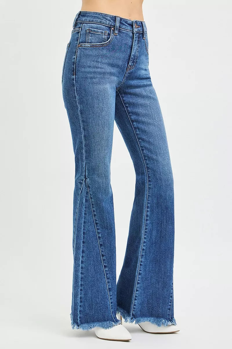 Mid-rise flare jeans for women, blue denim with back seams and frayed flared hem