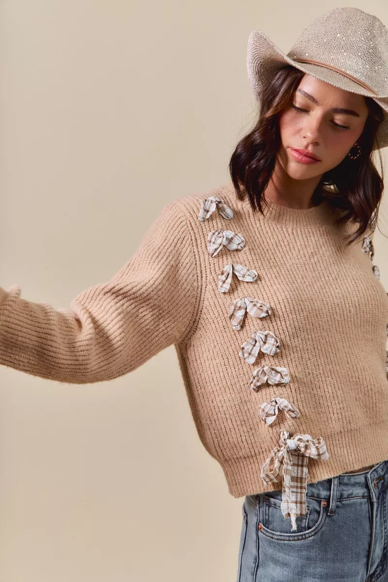 SO ME Checkered Plaid Lace Up Sweater – Trendy Ribbed Knit Style