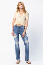 Judy Blue Mid Rise Destroy Straight Jeans – Trendy Distressed Style