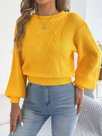 Yellow argyle lantern-sleeve sweater with diamond knit pattern and crew neck