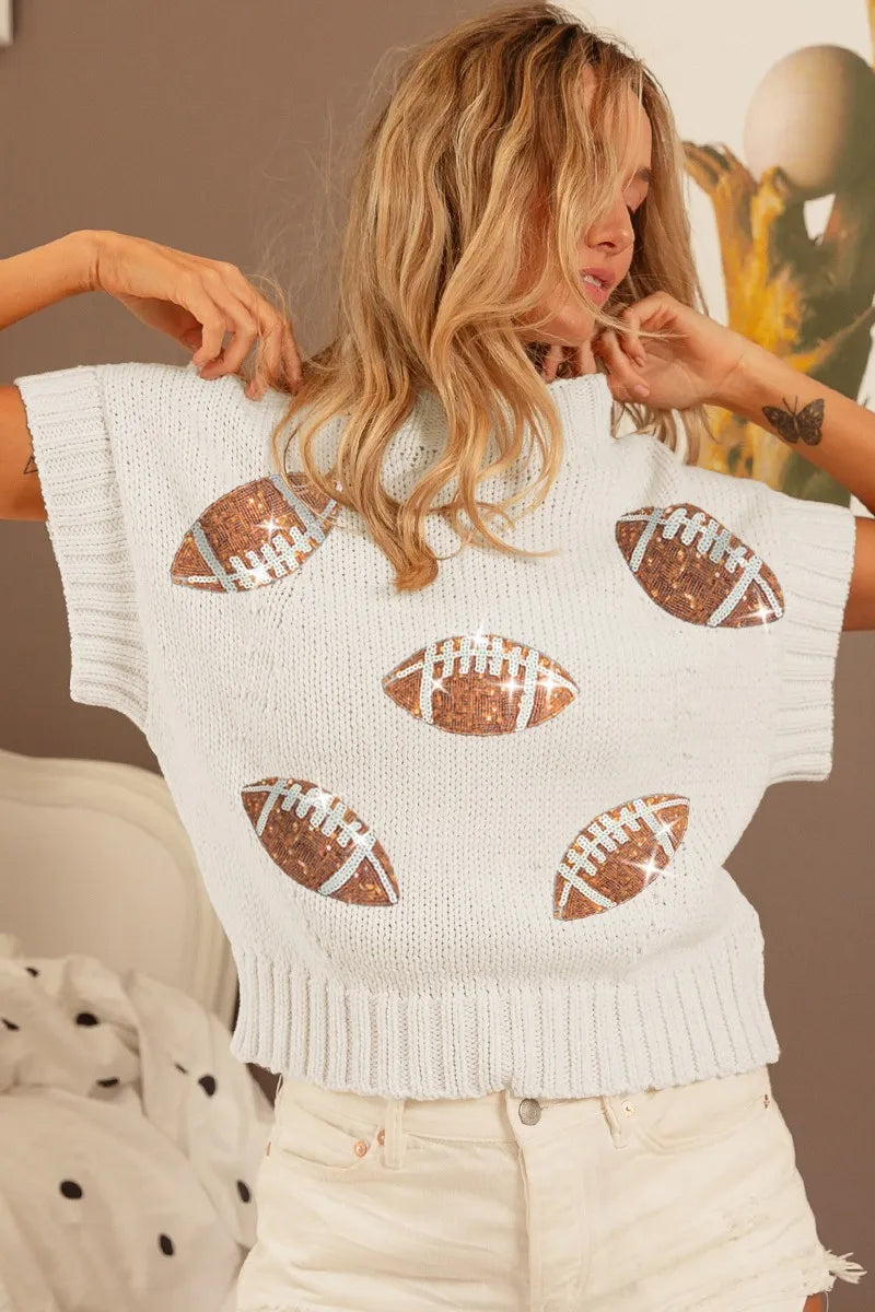Football Print Pullover Sweater – Sporty Chic Short Sleeve Knit