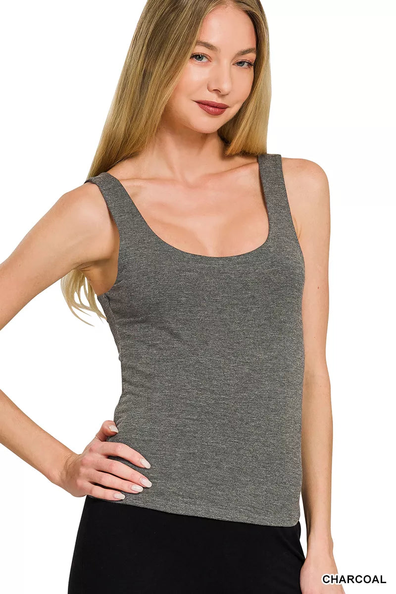 Charcoal double-scoop layering tank top with wide straps and scoop neckline