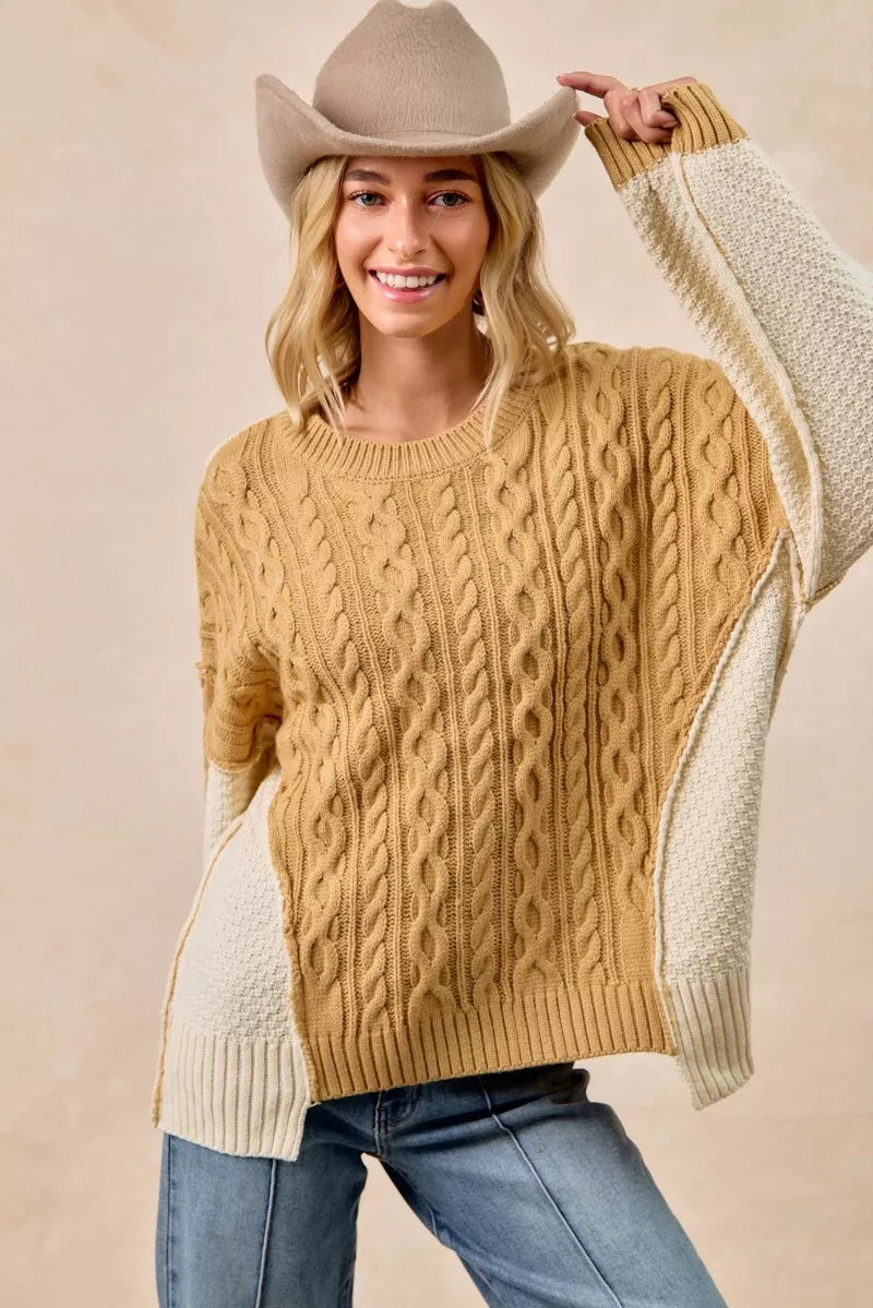 BiBi Cable Knit Hacci Combo Sweater – Stylish Texture with Uneven Hem