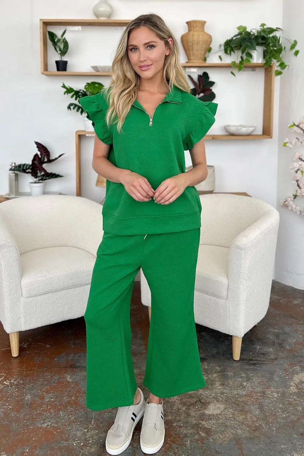 Ruffle Sleeve Top & Wide-Leg Pants Set – Chic, Comfy & Effortless