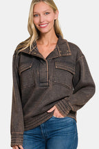 Acid Washed Half Snap Fleece Sweatshirt – Trendy Women’s Casual Pullover