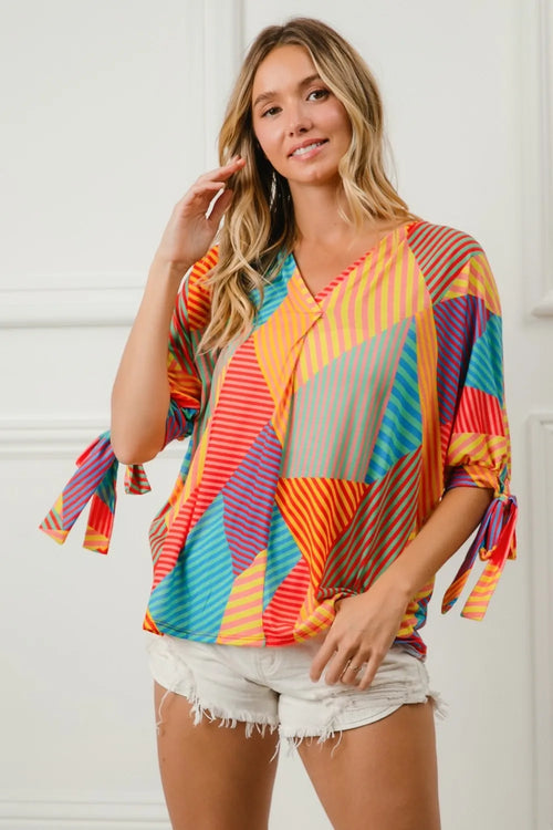 Geometric Print V-Neck Blouse – Colorful, Lightweight & Feminine