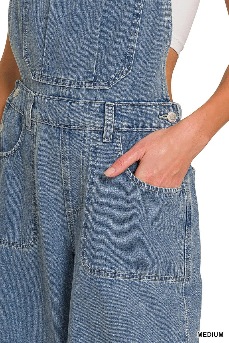 Medium Washed Wide Leg Denim Overalls | Women’s Retro Casual Jeans