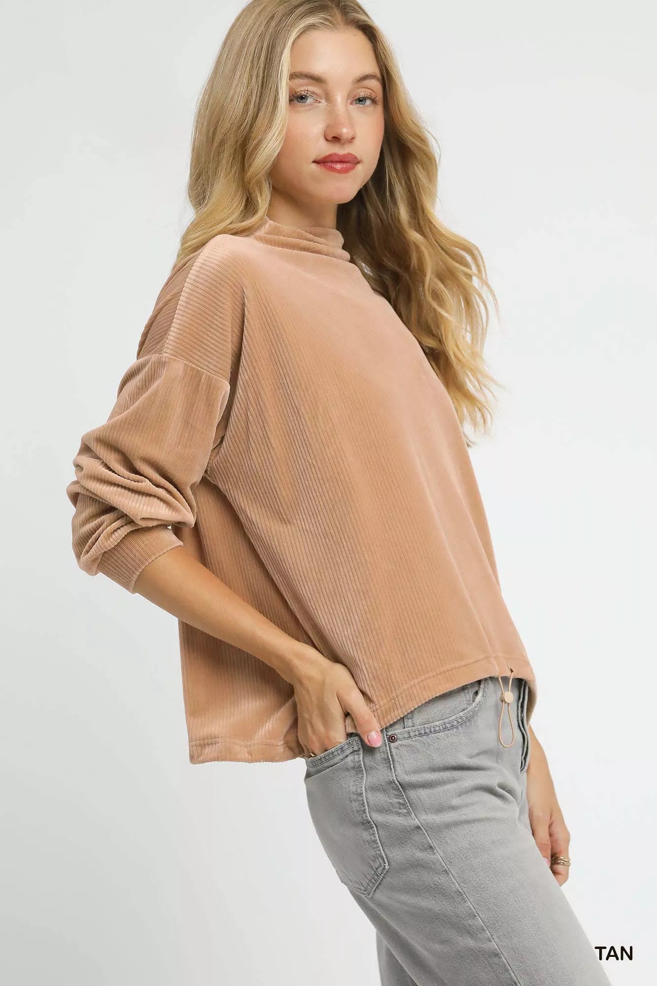 Ribbed Drawstring Hem Knit Top