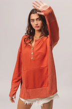 French Terry Henley Top with Side Block Detail & Button Accents