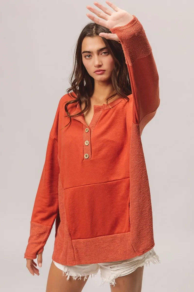 French Terry Henley Top with Side Block Detail & Button Accents