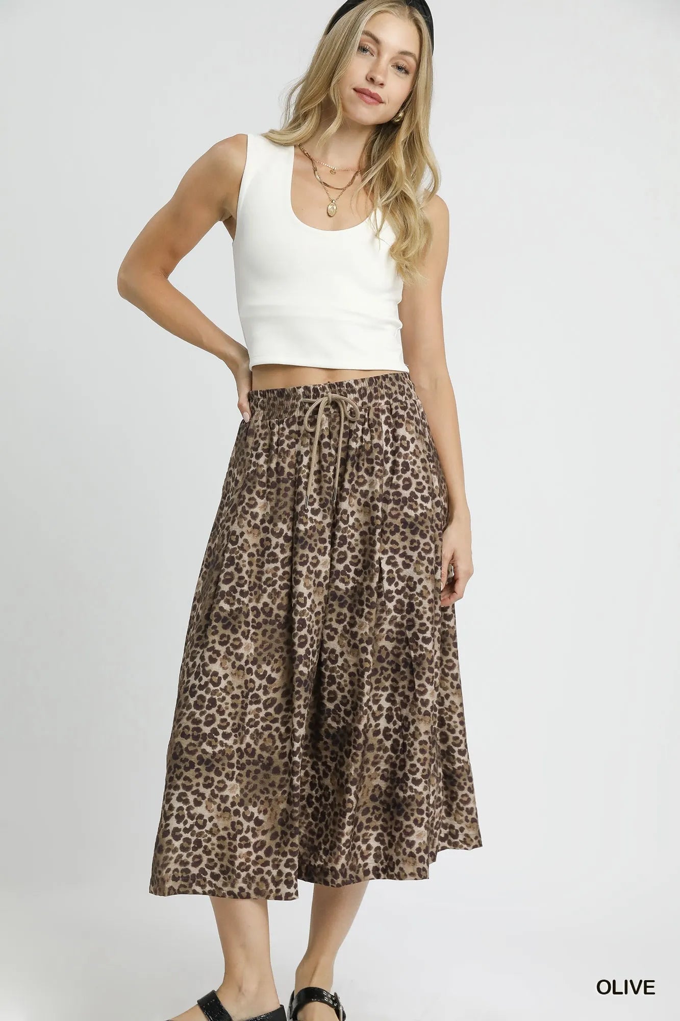 Leopard Print Midi Skirt – A-Line Fit with Elastic Waist & Drawstring
