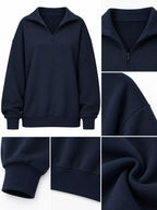 Navy sweatshirt closeups: zip neckline, ribbed cuffs, and soft knit fabric