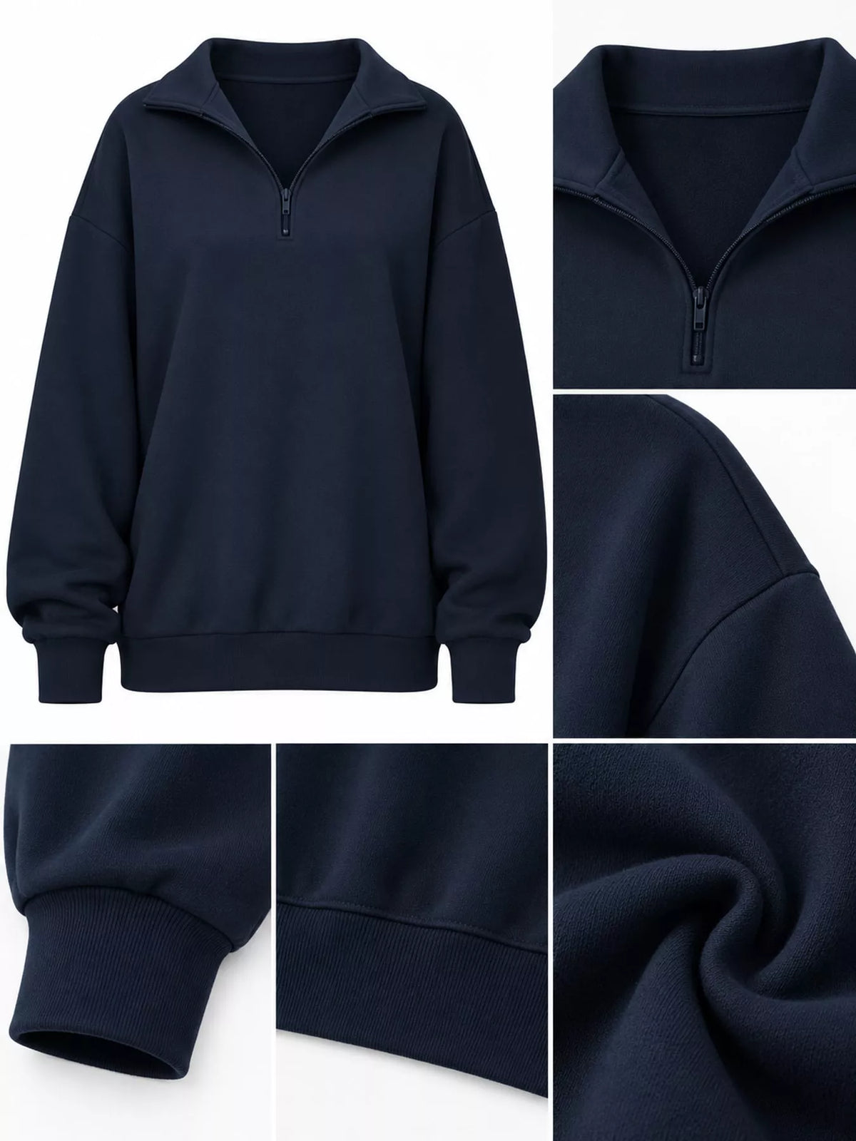 Navy sweatshirt closeups: zip neckline, ribbed cuffs, and soft knit fabric