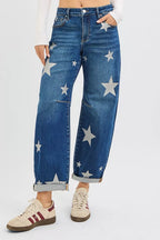 Dreamkue-Risen Women's Ankle Length Relaxed Barrel Star Print Jeans Trendy Casual Denim Pants