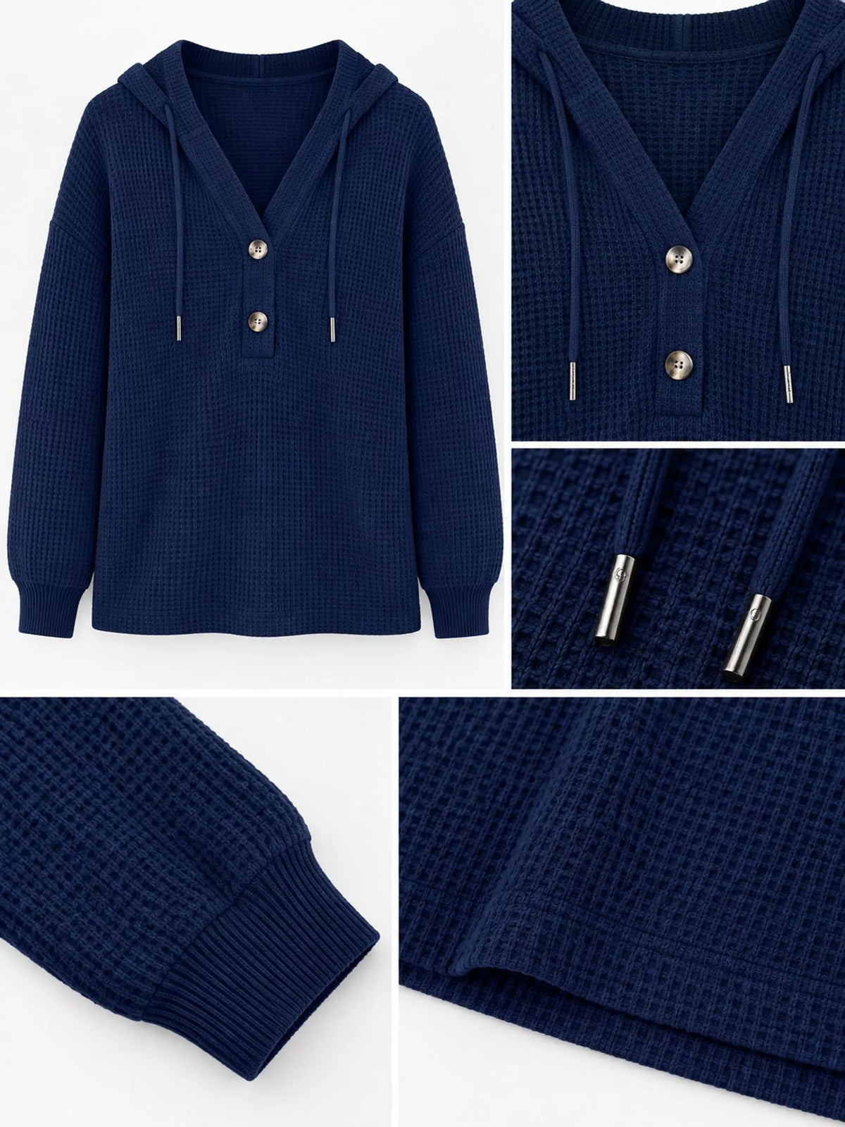 Navy waffle-knit button hoodie close-up with hood drawstrings and snap buttons