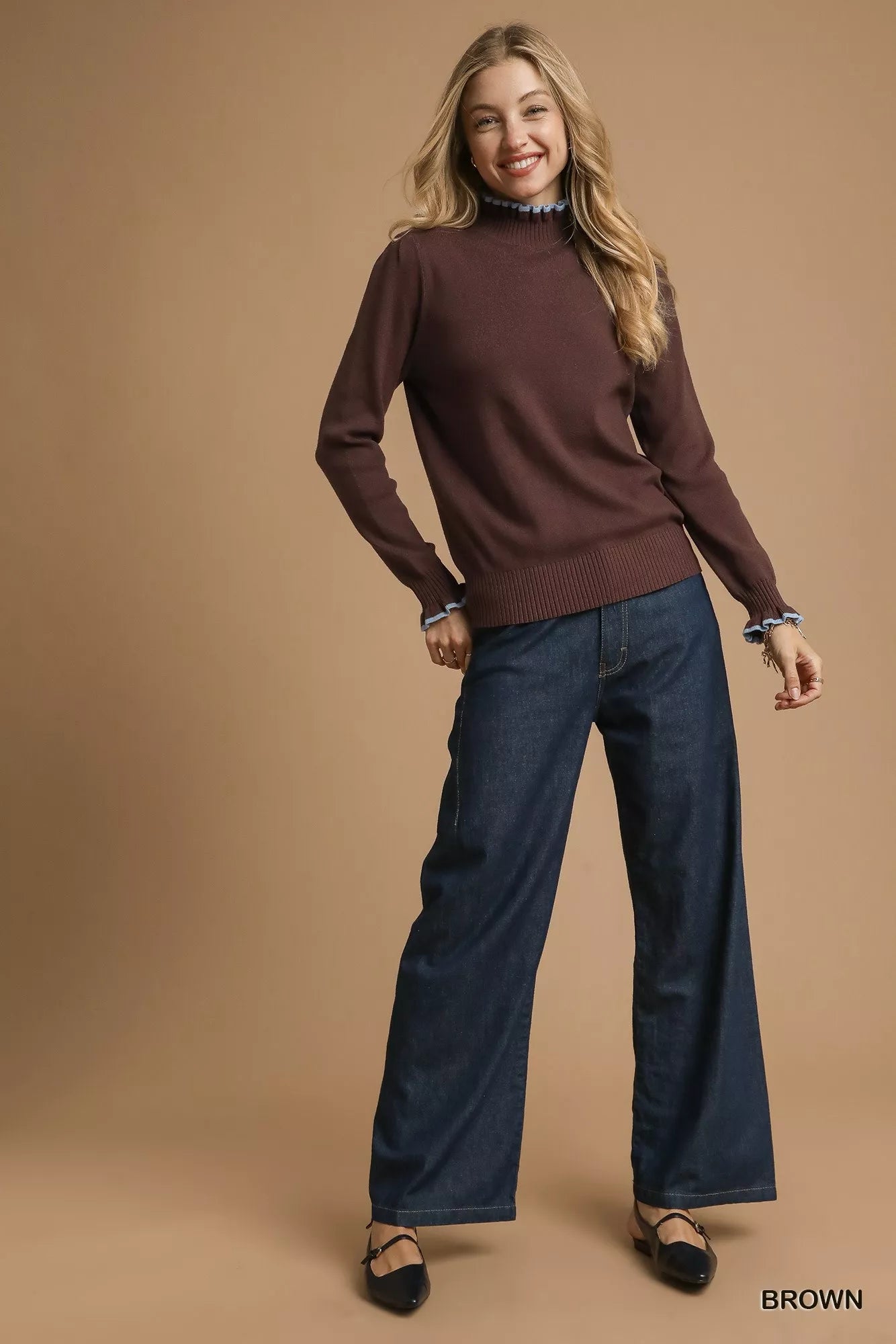 Ribbed Round Neck Sweater with Ruffle Trim – Feminine Winter Style