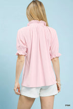 Pink textured blouse back with gathered ruffle sleeves