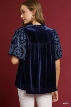 Navy Velvet Embroidered Sleeve Blouse Boho Chic Elegance