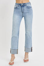 Dreamkue-Risen Women’s High Rise Straight Leg Cuffed Relaxed Fit Jeans Casual Stretch Denim Pants