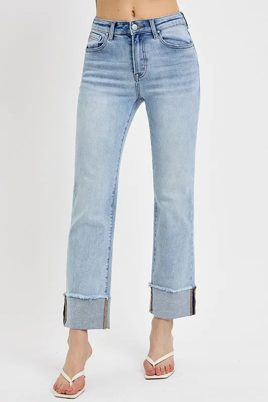 Dreamkue-Risen Women’s High Rise Straight Leg Cuffed Relaxed Fit Jeans Casual Stretch Denim Pants