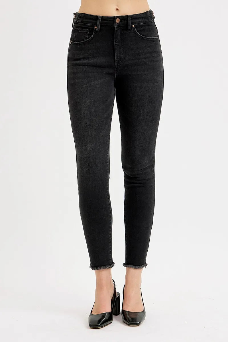 High-Waisted Black Skinny Jeans – Raw Hem Stretch Denim