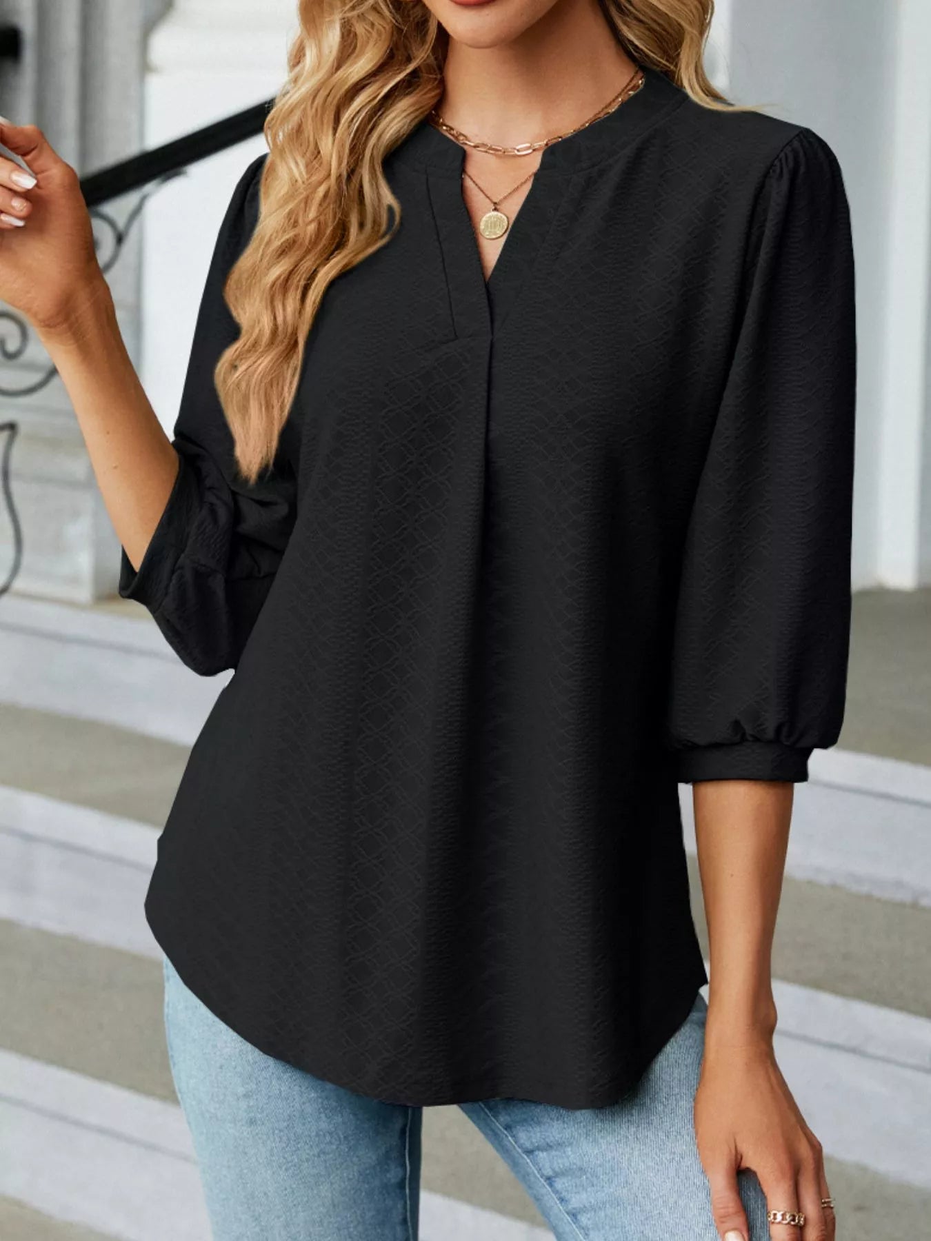 Notched 3/4 Sleeve Casual Top – Effortless Everyday Style
