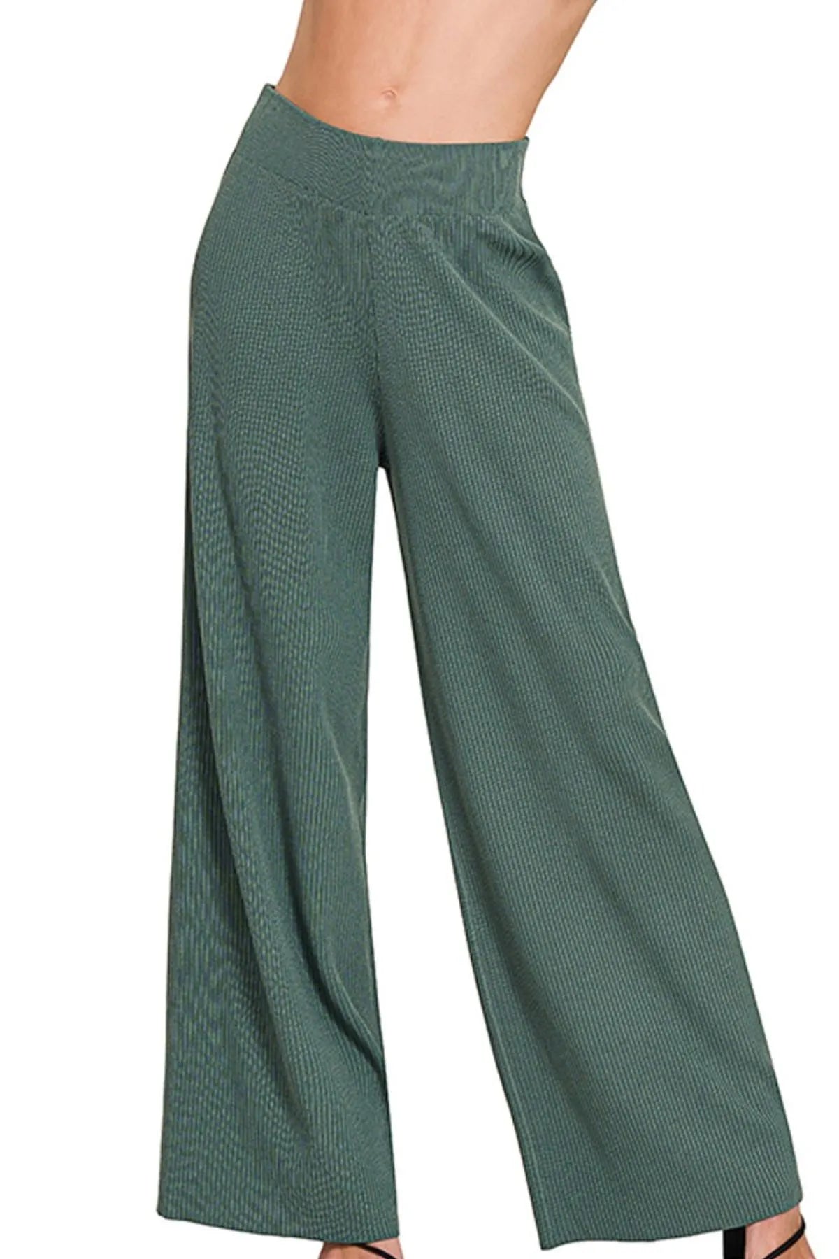 Wide-Leg Sweater Pants – High-Rise Knit Comfort in Sage Green