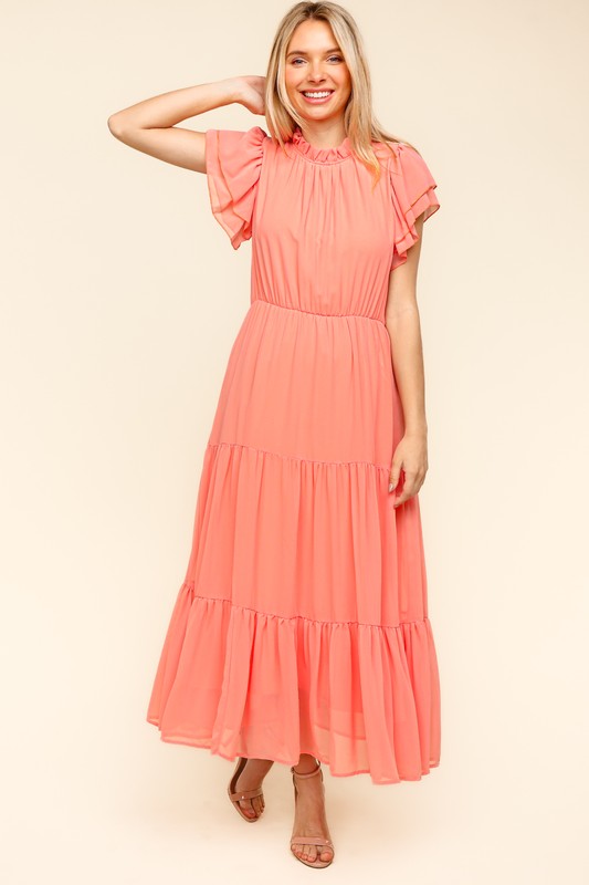 Haptics Tiered Frill Mock Neck Short Sleeve Dress