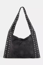 Large suede shoulder bag, black with silver grommet strap eyelets