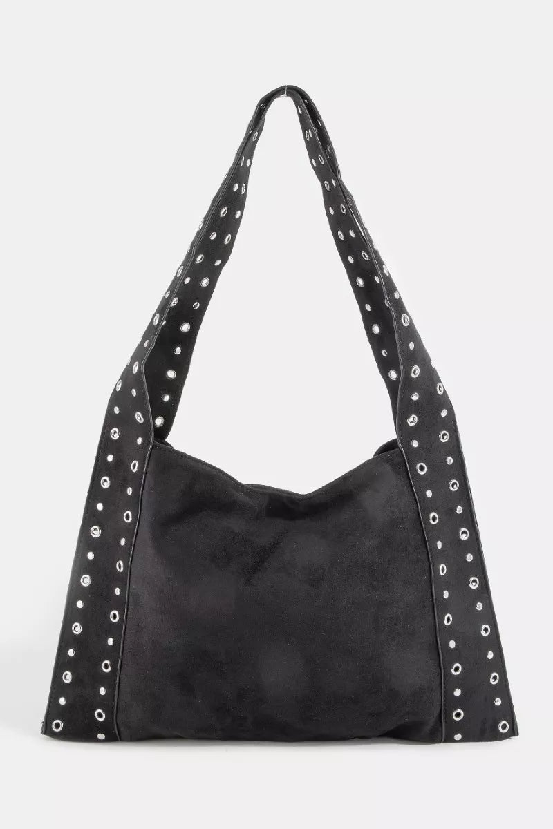 Large suede shoulder bag, black with silver grommet strap eyelets