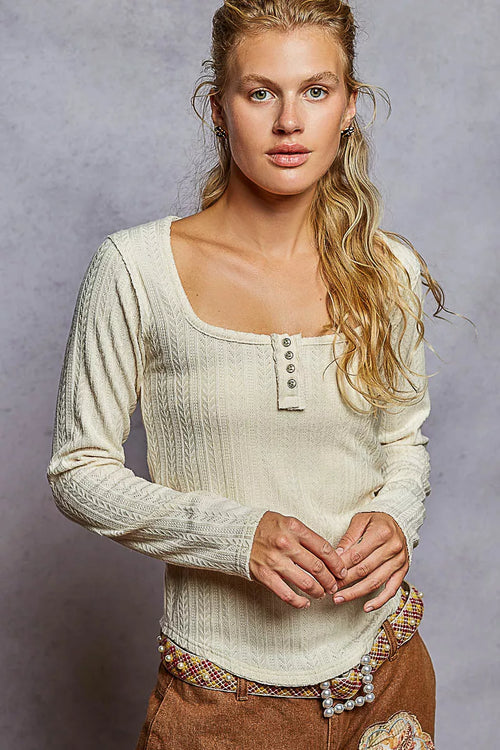 Square Neck Fitted Knit Top with Placket Detail – Chic Modern Style