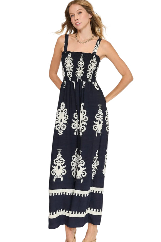 Umgee Smocked Printed Wide Leg Jumpsuit