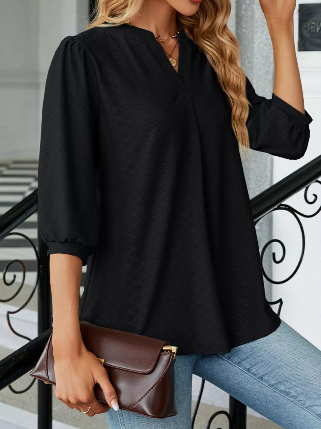 Notched 3/4 Sleeve Casual Top – Effortless Everyday Style