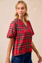 BiBi Christmas Plaid Ruffled Blouse – Festive Short Sleeve Holiday Top