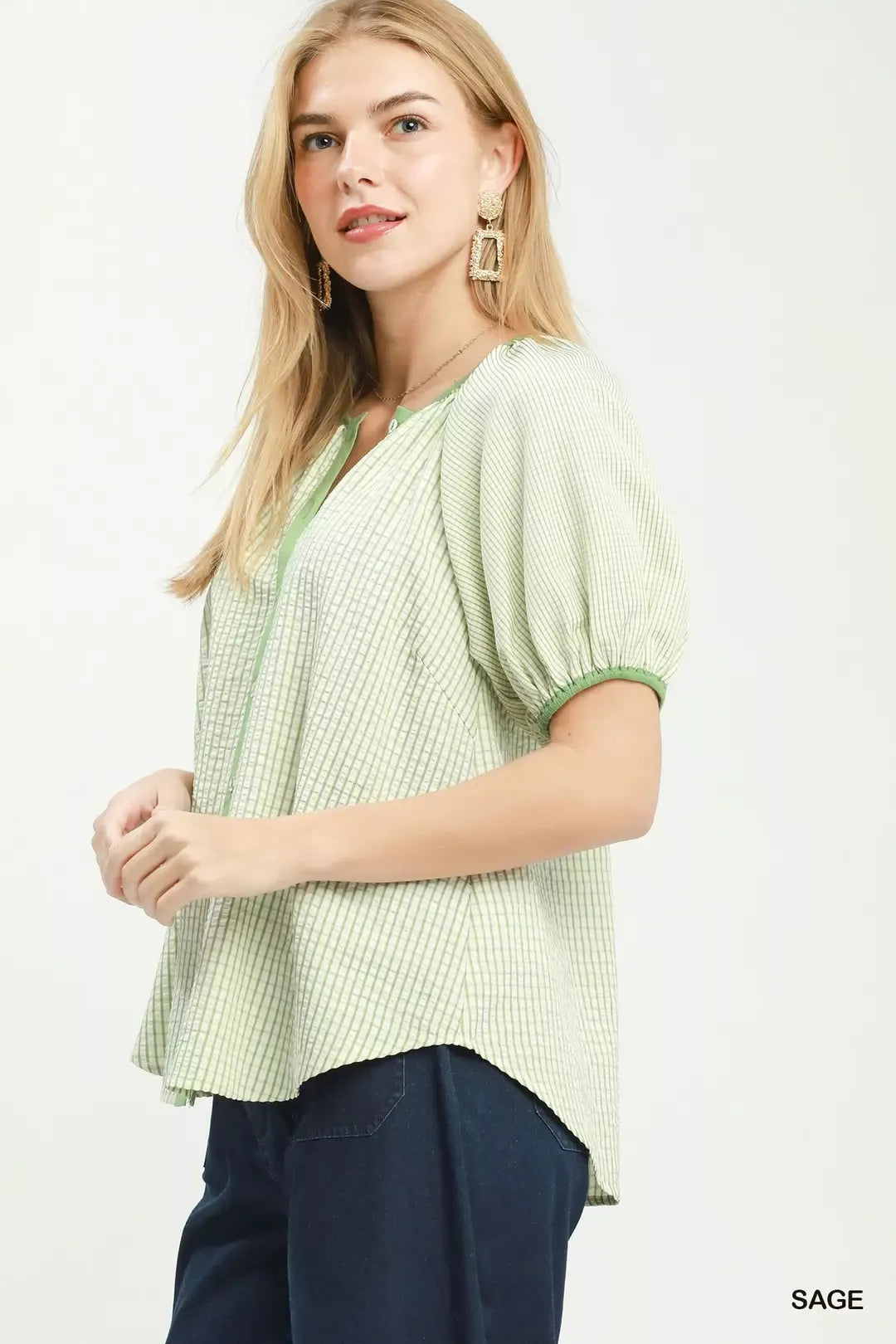 Sage green checker short-sleeve blouse with puffed sleeves and button placket