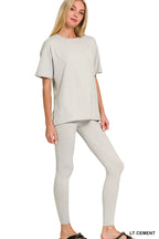 Light cement loungewear set with crewneck short-sleeve top and fitted leggings
